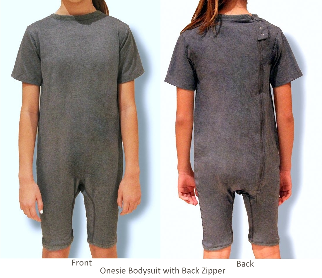 This comfortable, attractive bodysuit has legs that come down to prevent access to diapers. Autism Clothing for children and adults -for stopping clothing removal or fecal smearing