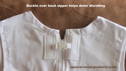 Optional Standard Buckle over Zipper of onesie bodysuit for extra level of protection from clothing removal