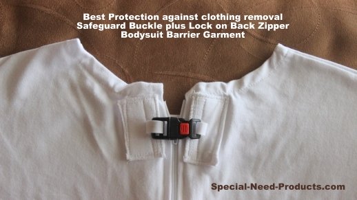 Optional Locking Safeguard Buckle over Zipper of onesie bodysuit for triple level protection
